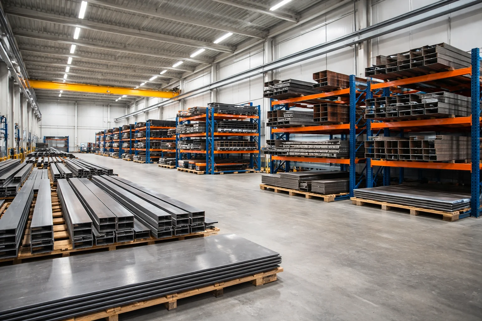 Metal stock arranged on steel warehouse racks