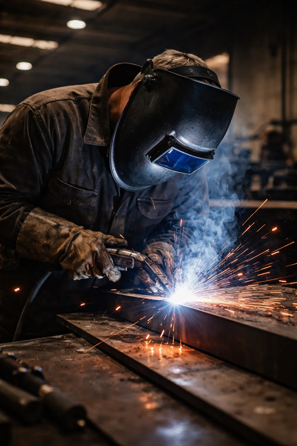 A metalworker welding in a fabrication shop
